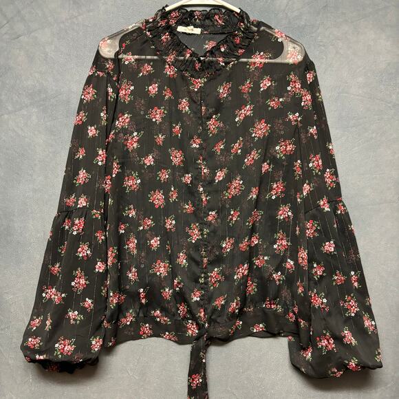 Maurice’s Blouse Womans Large Black Floral Chiffon Ruffle Neck Whimsygoth Fairy - Picture 1 of 11
